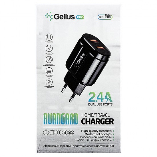 Мережевий зарядний пристрій Gelius Pro Avangard GP-HC06 2 USB 2.4A + Cable Type-C Black Мережевий зарядний пристрій Gelius Pro Avangard GP-HC06 2 USB 2.4A + Cable Type-C Black