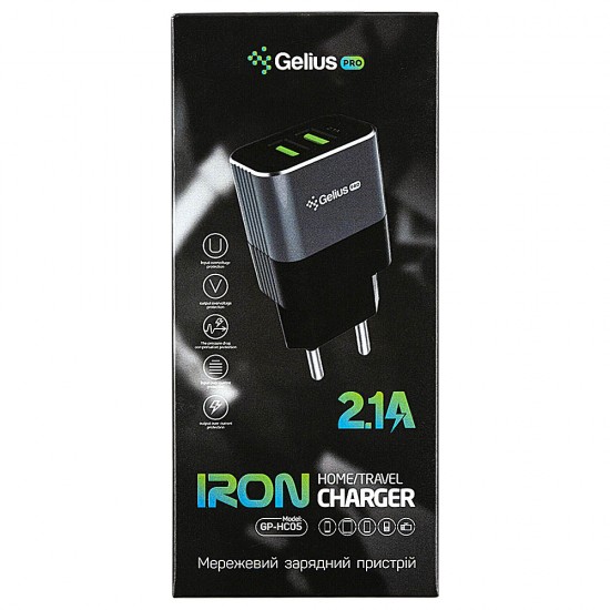 Мережевий зарядний пристрій Gelius Pro Iron GP-HC05 2 USB 2.1A Black/Grey 